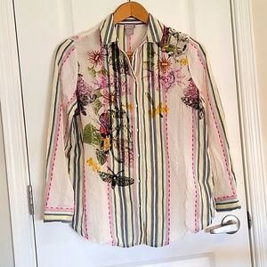 Chico's Embroidered Floral Bird Top Size M